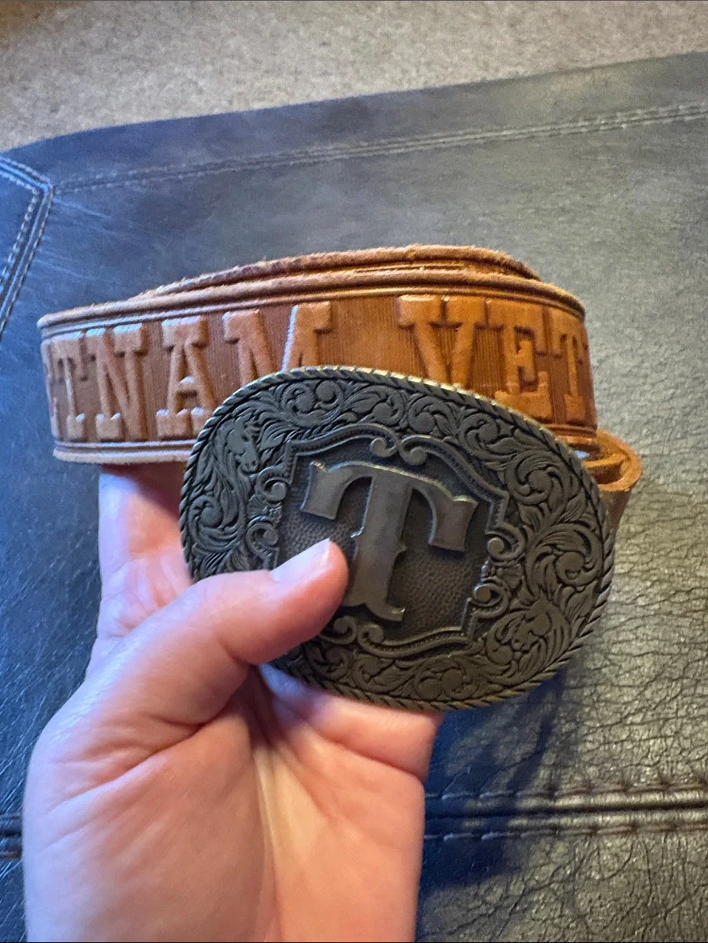 Hand tooled leather Vietnam Veteran belt w/ Award Design Medals letter T buckle